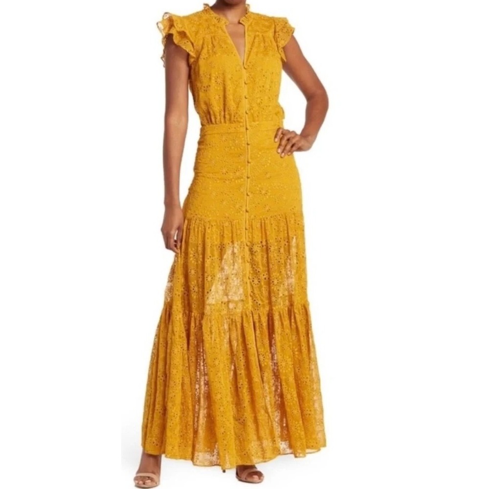 Veronica Beard Sartori Eyelet Button Front Maxi Dress Saffron Yellow S 4 NWT